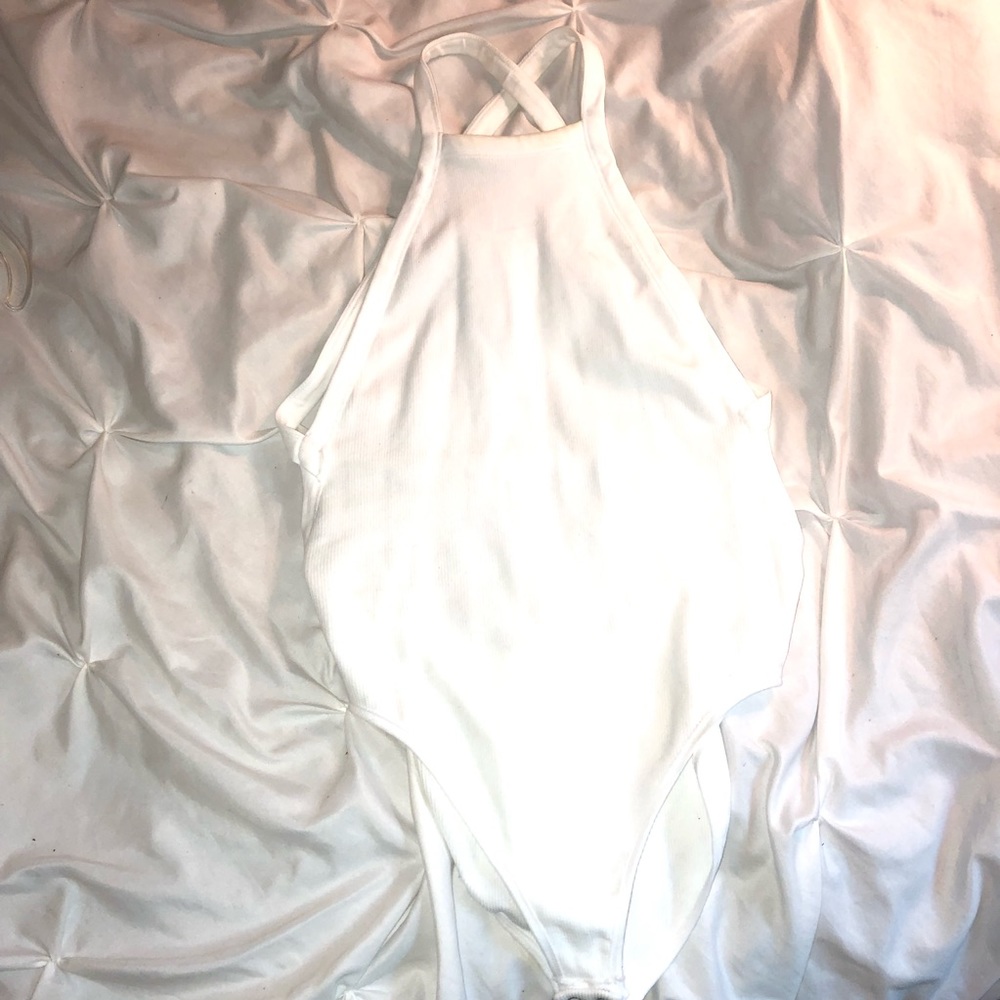 White High Neck Low CrissCross Back Bodysuit